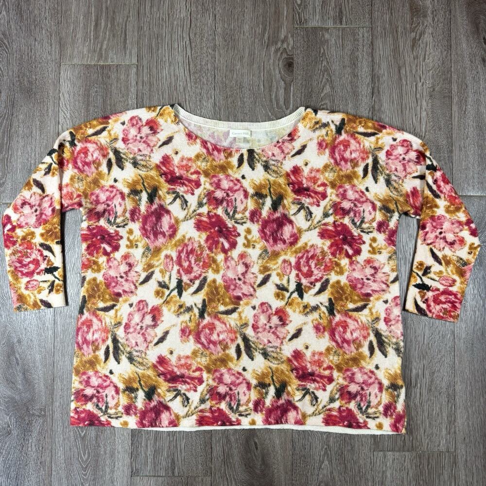 Garnet Hill Sweater Womens M Multicolor 100% Cashmere Floral 3/4 Sleeve